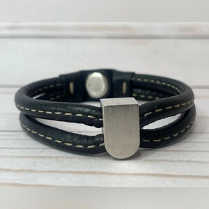 Delvaux Black Leather Wrap‎ Bracelet with Silver Tone Metal